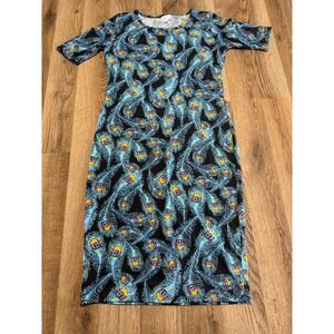 LuLaRoe Julia Dress Women Small Black Peacock Feather Print Short Sleeve